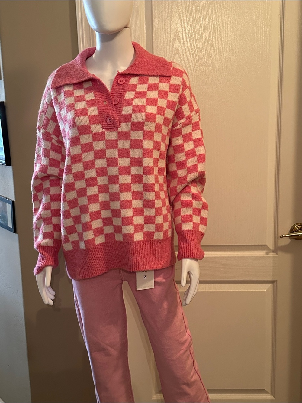 BiBi Pink and White Checkered Polo Sweater